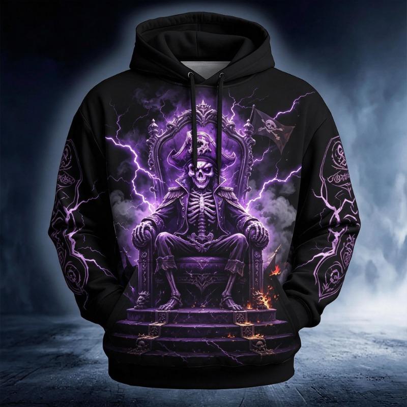 Men's Fire Pirate Skeleton Skull Chain Flame Print Hoodie Drawstring Pocket Horror Adventure Street Fashion Pullover Tops
