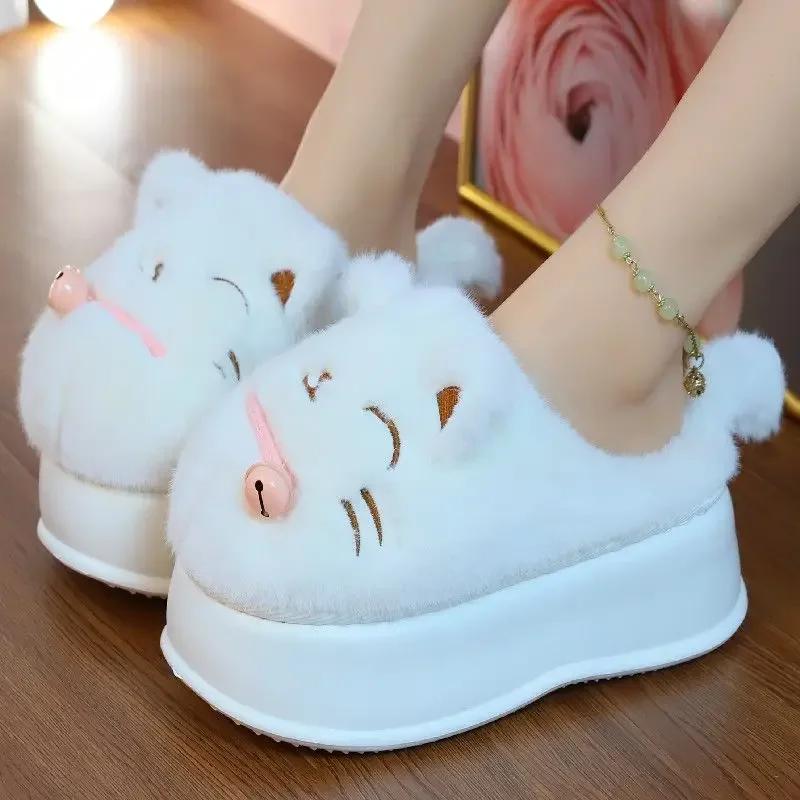 Fashion girl lovely white cat cotton slippers new 2024 winter women fur slides slippers warm comfort indoor home platform fluffy slipper