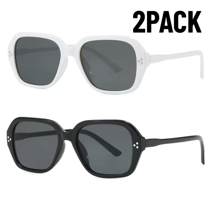 1/2PACK Women Square Sunglasses Big Frame UV400 Retro Rivets Men Olive Green Classic Sun Glasses