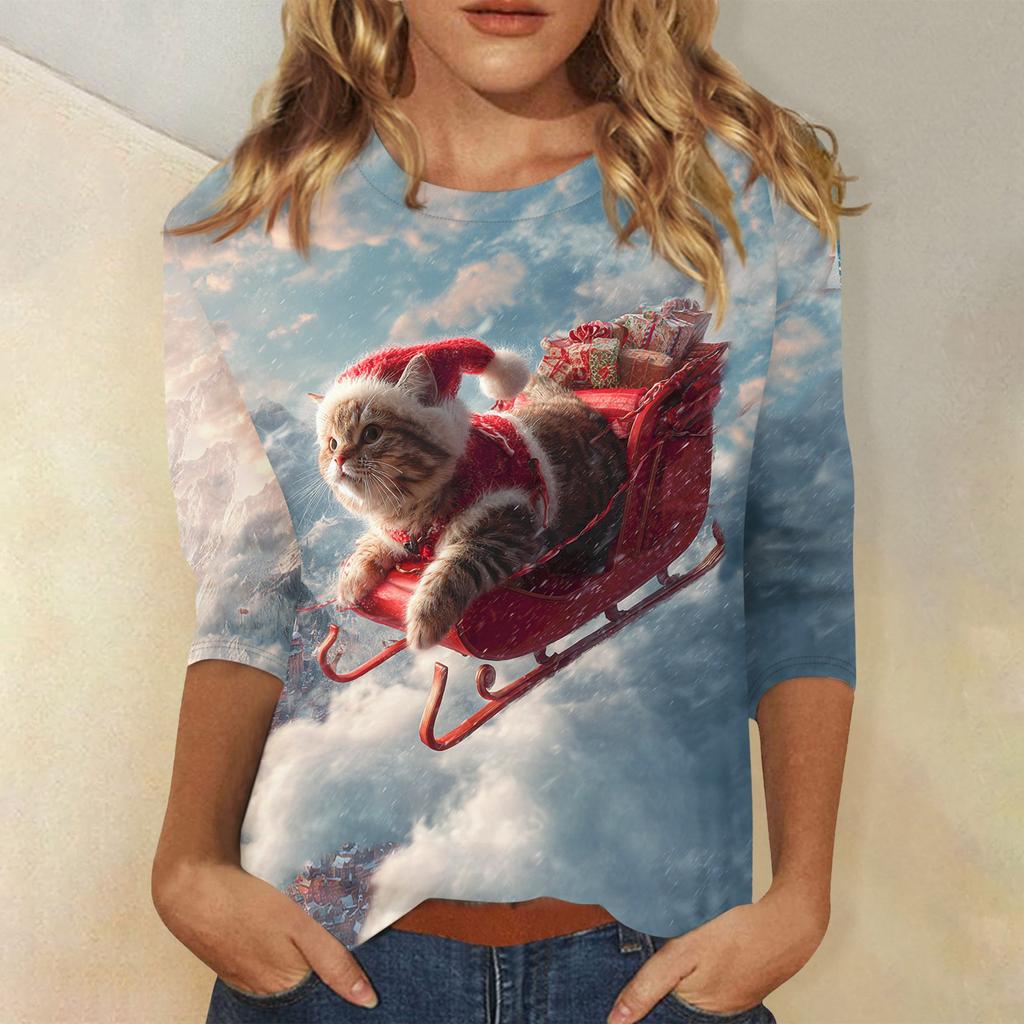 3/4 Sleeve Shirts For Women Print Christmas Tees Blouses Casual Plus Size Basic Tops Pullover