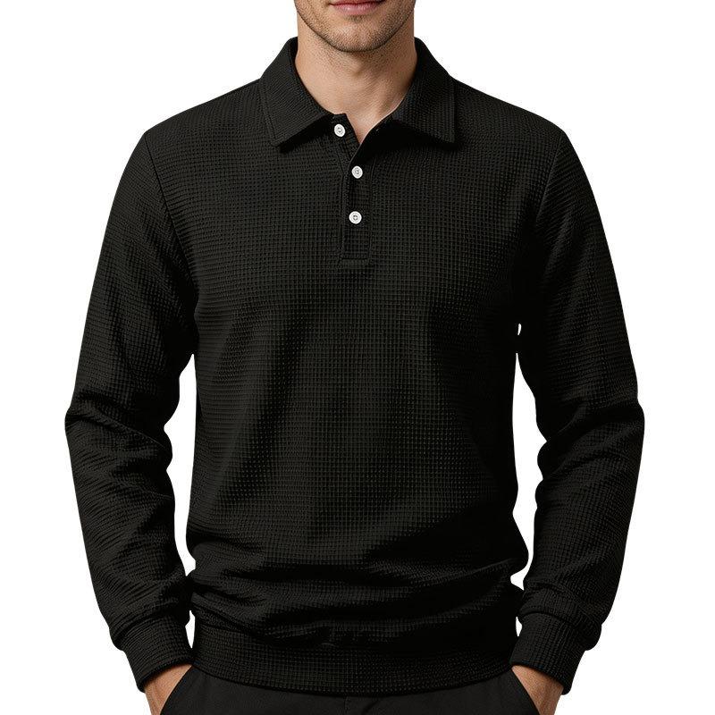 Men's Heavyweight Waffle Knit Button Down Collar Long Sleeve Polo Shirt.