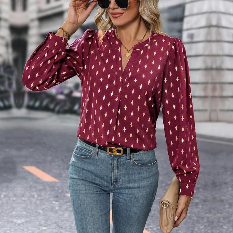 Women Long Sleeve V Neck Casual Pullover Top Printed Shirt for Spring Autumn Fashion