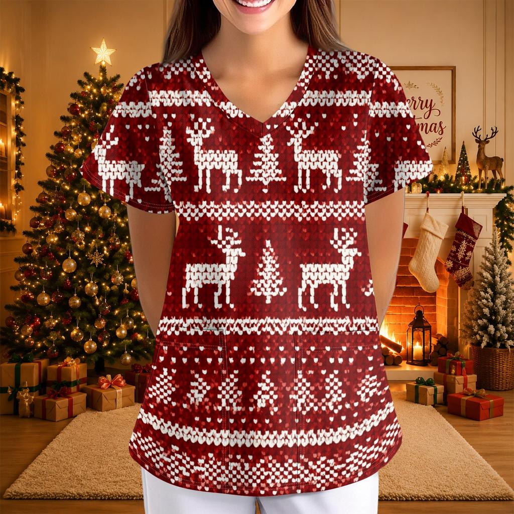 Women's Christmas Print V-Neck Short Sleeve Uniform with Pockets Loose Fit