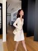 Women's French White V-Neck Knit Dress for Early Autumn, Perfect Layering with Sweaters or Coats