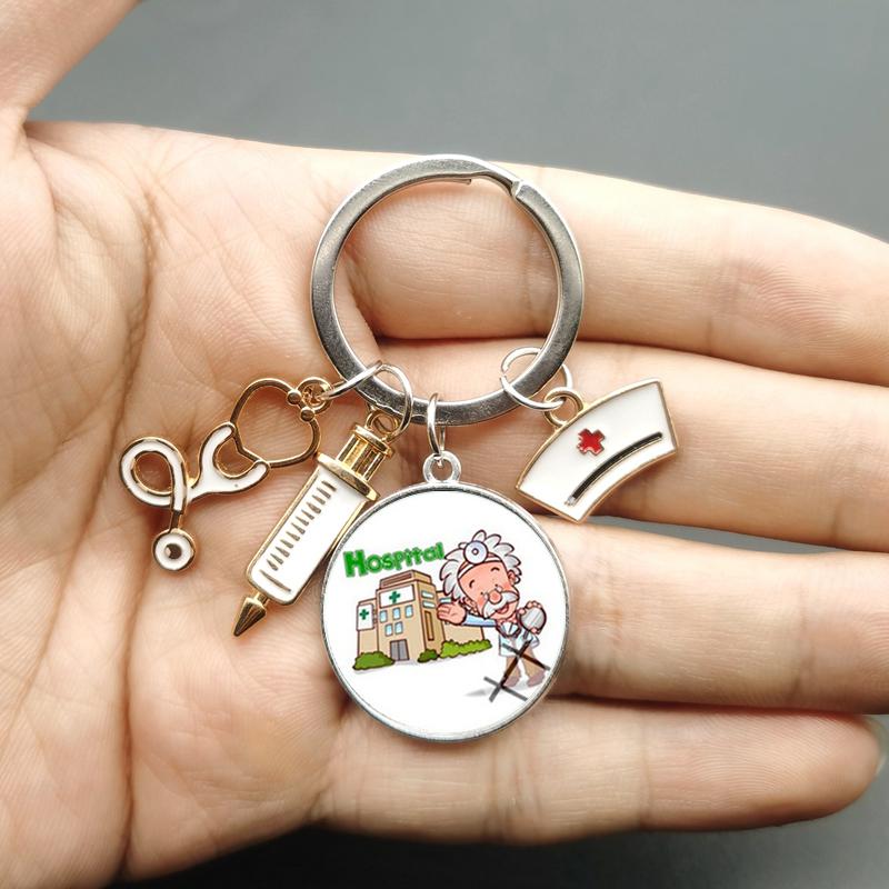 Paint Fashion Creative Nurse Medical Syringe Stethoscope Image Keychain Glass Suitable Nurses and Doctors Key Ring Pendant Gift