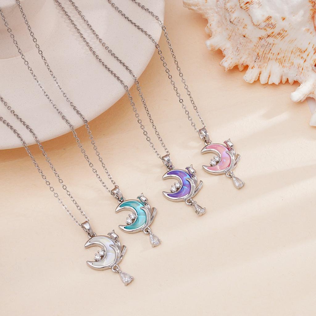 Sweet Colorful Resin Moon Zircon Tassel Pendant Necklace Stainless Steel Chain Cute Moon Jewelry Gifts for Women Teen Girls