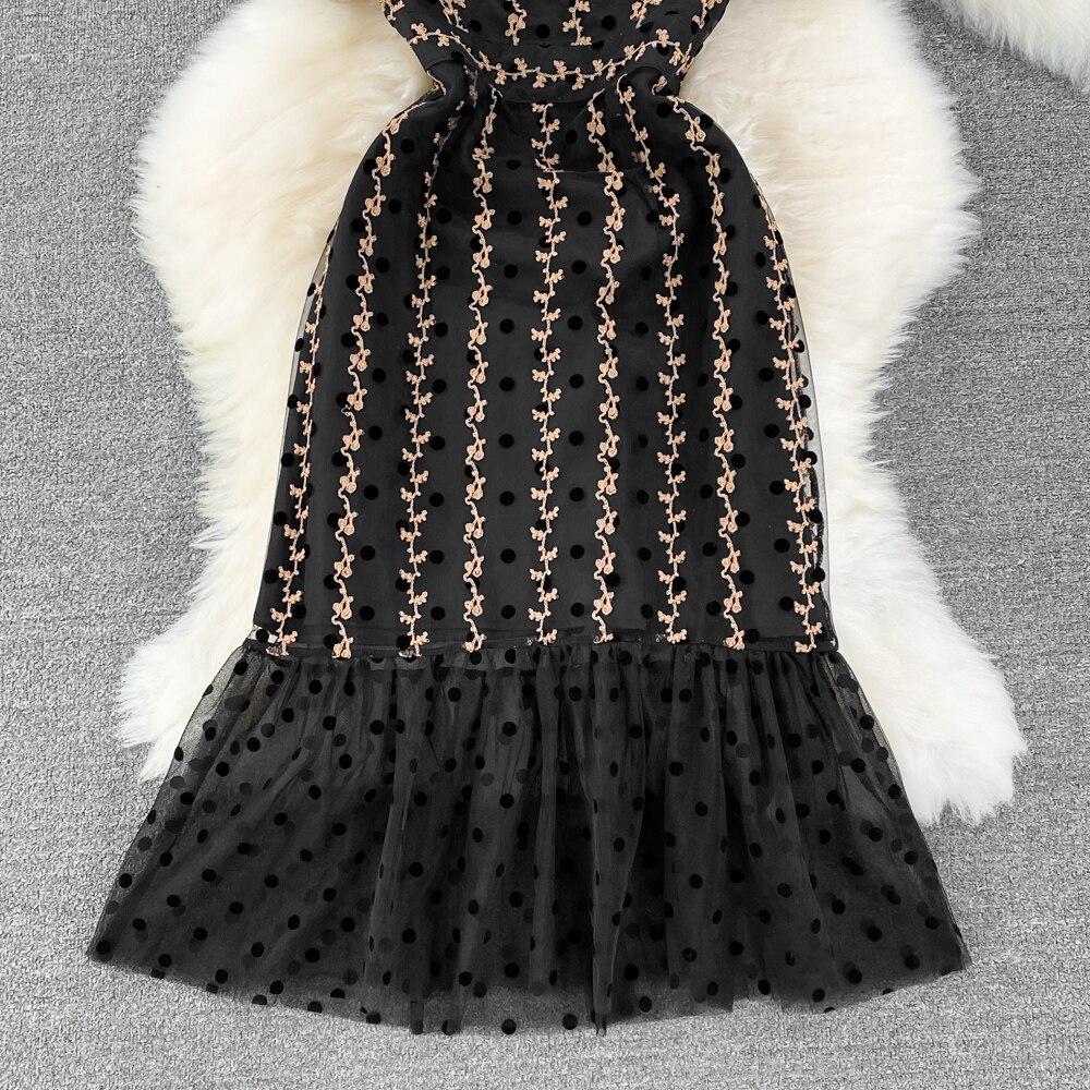 Fashion Temperament Waist Slimming Dot Mesh Flounces Fishtail Dress