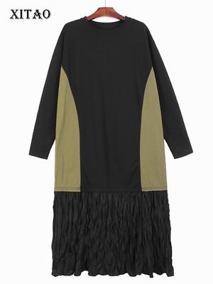 XITAO Moda Patchwork Vestido Solto Plissado WLD10153