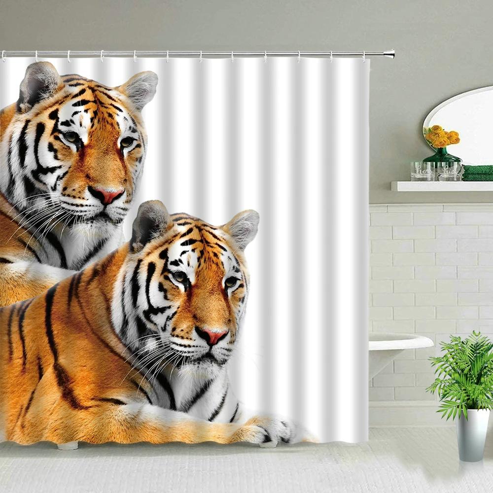 Farm Animal Horse Shower Curtain Wildlife Elephant Leopard Lion Tiger Pattern Shower Curtain Set Highland Cows Bathroom Curtains