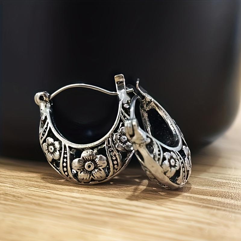 Vintage Bohemian Hoop Earrings, Silver Plated Zinc Alloy Floral Design, Distinctive Women's Dangle Jewelry Gift