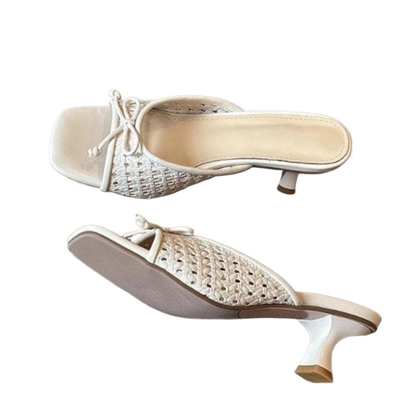 Fashion New Women's Summer Butterfly-knot Slippers Street Style Square Toe Thick Heel Dress Shoes Outdoor Ladies Slides Zapatos Mujer