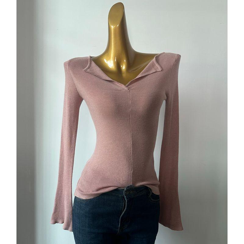 Elegant V-neck Soft Glutinous Horn Long Sleeve Knitted Spring and Autumn Design Sense Slim Fit Slimming Inner Wear Bottoming Shirt Top Women