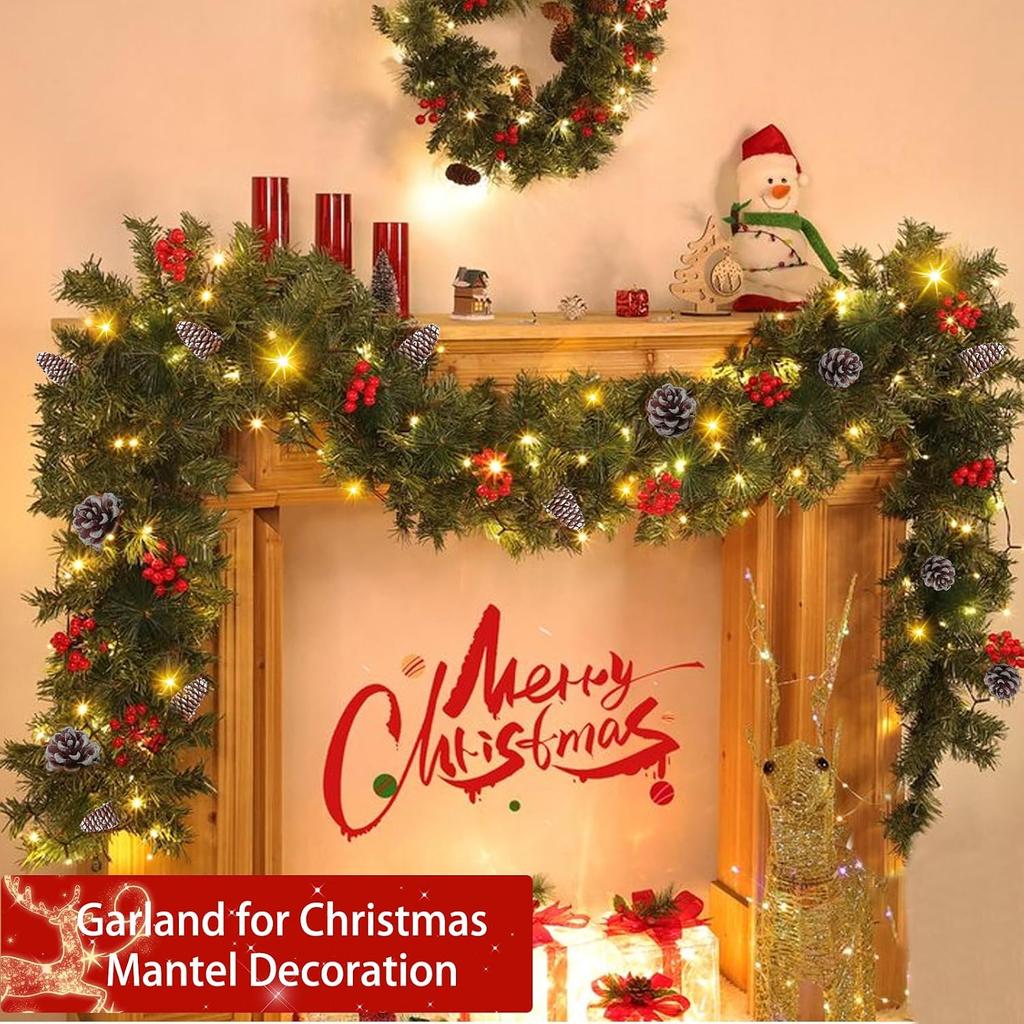 Timer 8 Mode - 9Ft by 10 Inch Prelit Christmas Garland with 50 Warm Lights,Thick 270 Snowy Tips 70 Red Berry 10 Pinecone Battery Operated Real Touch