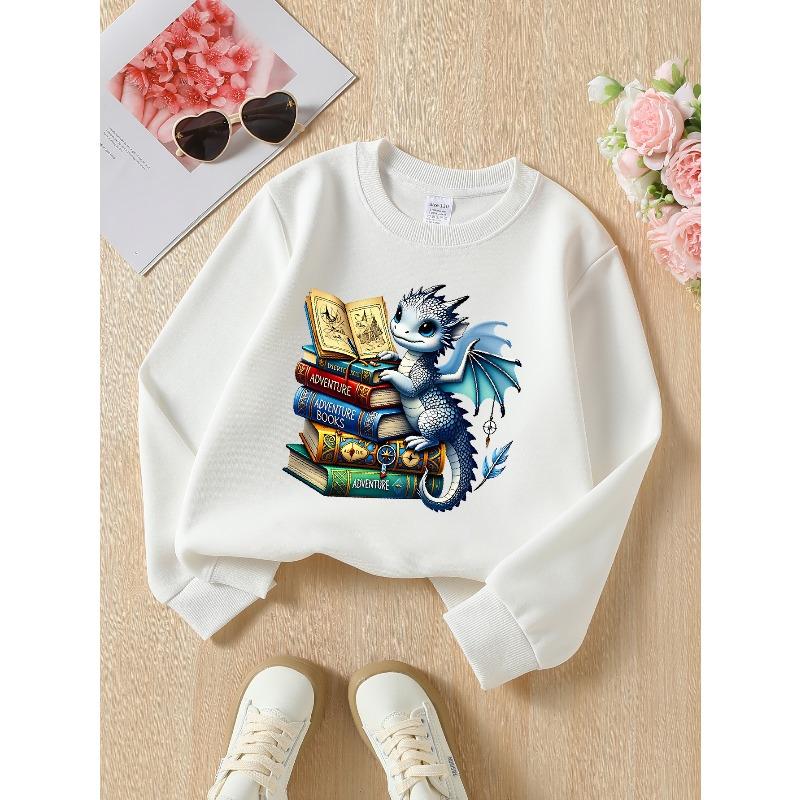 Kids Long‑Sleeve Crewneck Sweatshirt, Cute Dragon Reading Adventure Books Print,Daily Casual Top for Spring & Autumn