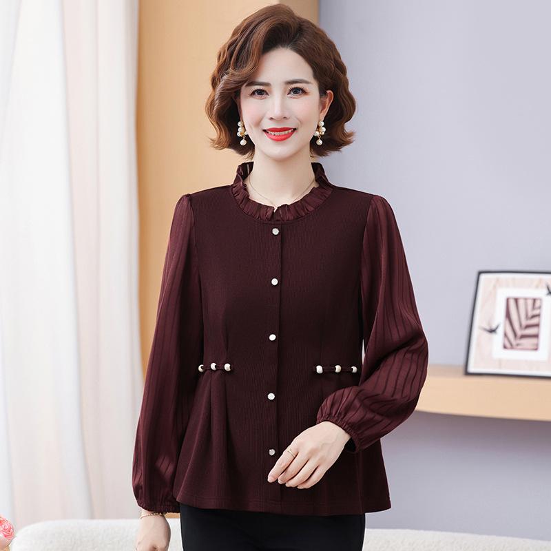 

Wine Red Plus Size Long-Sleeve T-shirt for Middle-Aged and Elderly Women - Slimming and Versatile Design 6XL (160-175 lbs) кофейный