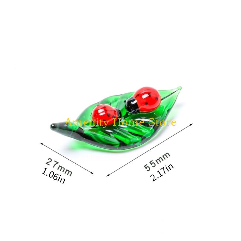 F26C Art Glass Insect Miniature Animals Collection Glass Green Leaf Ladybugs Ants Figurine Tabletop Ornament Home Office Decors
