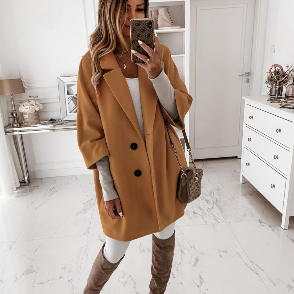 Einfarbiger, lockerer, lässiger Strickjackenmantel mit Siebenviertelärmeln und Revers für Damen