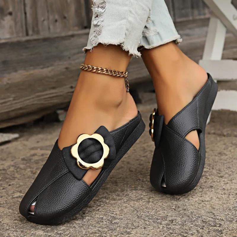 2024 High Quality Women's Shoes Hot Selling Fashion Baotou Flat Ladies Slippers New Solid Color Metal Decoration Ladies Slippers
