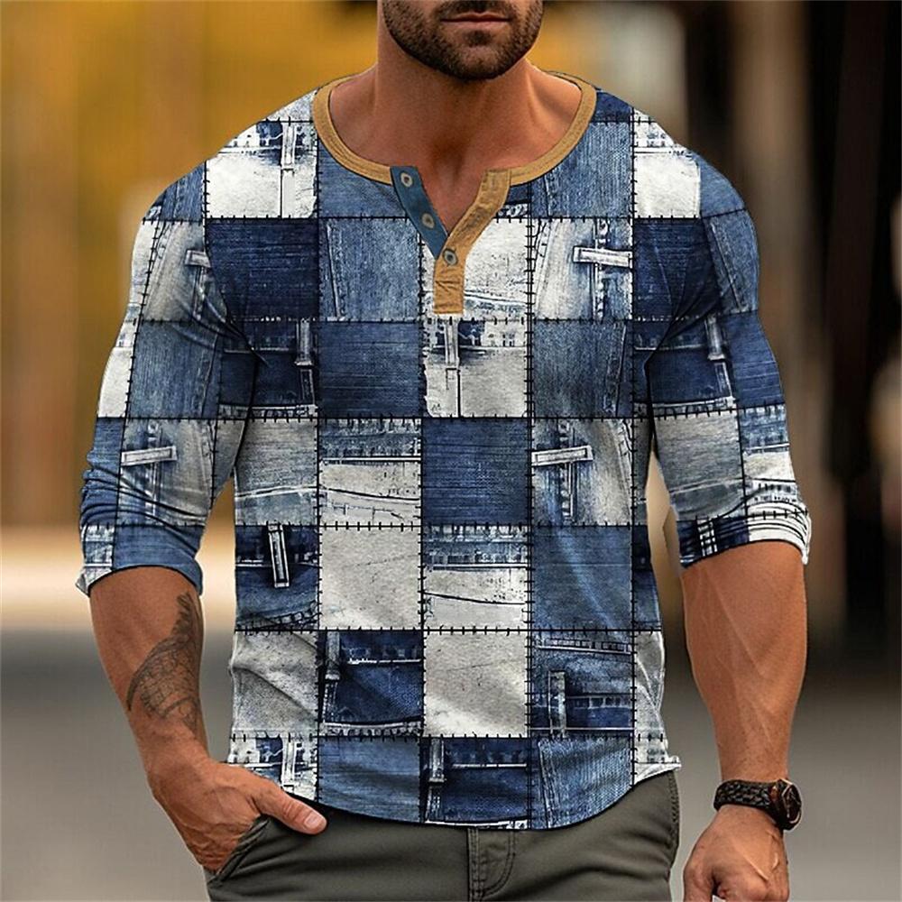 Chemises Henley Patchwork Color Block Automne Impression 3D Mode Homme Vintage Boutonnée Manches Longues T-Shirts Hauts Vêtements pour Homme