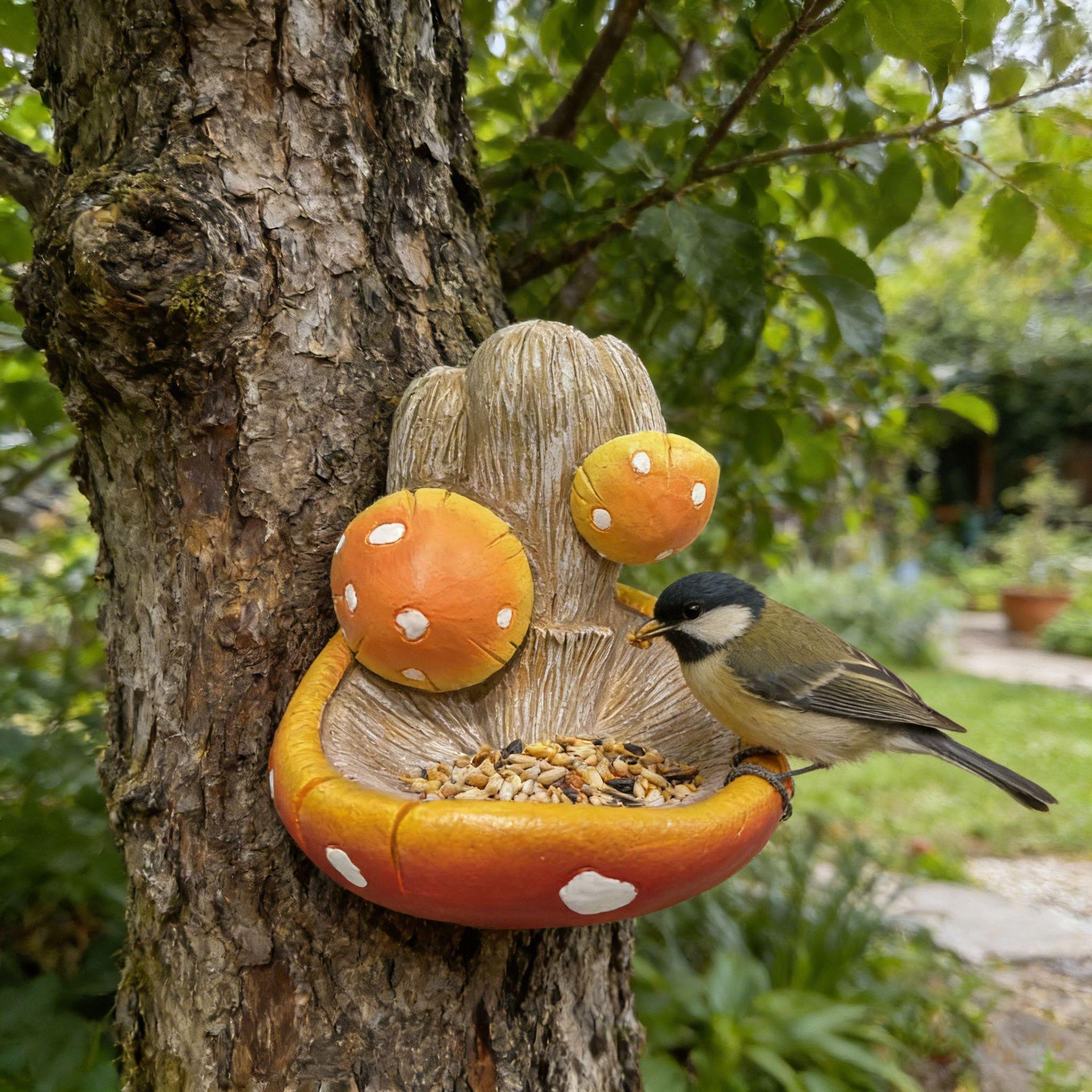 Resin mushroom bird feeder Outdoor garden ornament Garden pendant feeder Resin mushroom bird feeder (as the picture,12.5*9*10.5 net weight 295g)