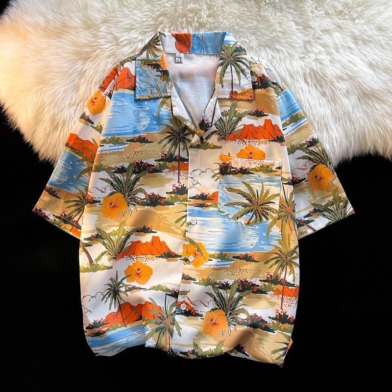 Unisex Vintage Kubakrage Blomsterskjorte - Løs passform, Hong Kong-stil, Kort erm, Perfekt for strand og par