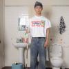 A New Japanese-style T-shirt with A Trendy Print Featuring Pure Cotton American Retro Color-blocking Text Division Design