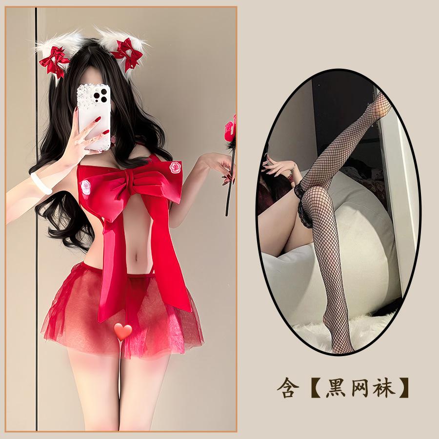 Sex Underwear Pink Bow Chest Pad Three-point Pure Desire Temptation Splicing Mesh Perspective Free