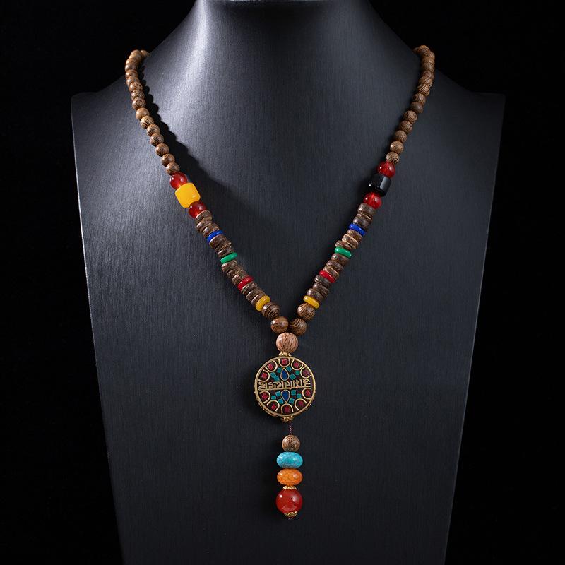 Stile Etnico Retrò Catena Lunga per Maglione Ciondolo in Pietra Bodhi con Diamante Collana con Perline di Legno Ciondolo in Cotone e Lino Tibetano Collana con Perline di Buddha