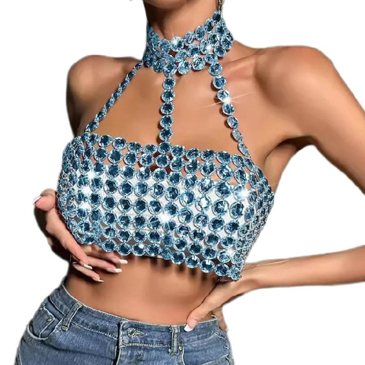 Rhinestones Diamond Body Chain Bra for Women Crystal Backless Chest Chain Halterneck Mesh Crop Top Harness Body Jewelry