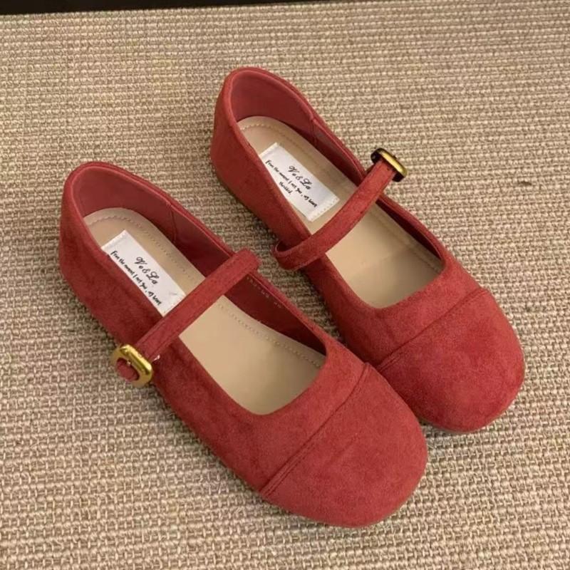 Fashion 2025 French Retro Suede Mary Jane Flats for Women Shallow Mouth Ballet Shoes Gentle Chic Red Single Shoes for Spring Autumn