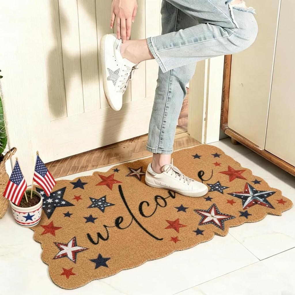 Door Mat Outdoor USA Red White Blue Welcome Rug Patriotic Mat Non-Slip Independence Day Freedom Memorial Day Indoor Entrance Outside Porch Front Decor