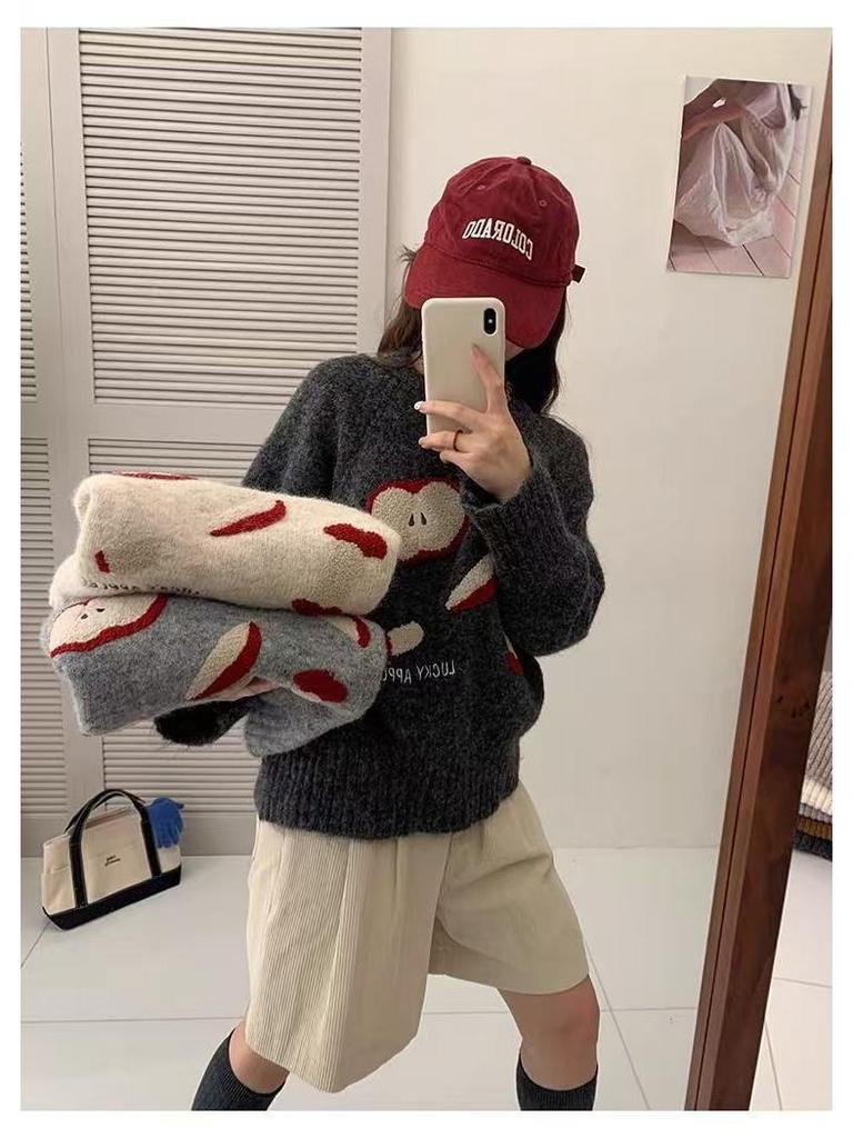 Apfelstrick-Cardigan im koreanischen Stil - Rundhalsausschnitt, lange Ärmel, weicher Pullover für Herbst/Winter