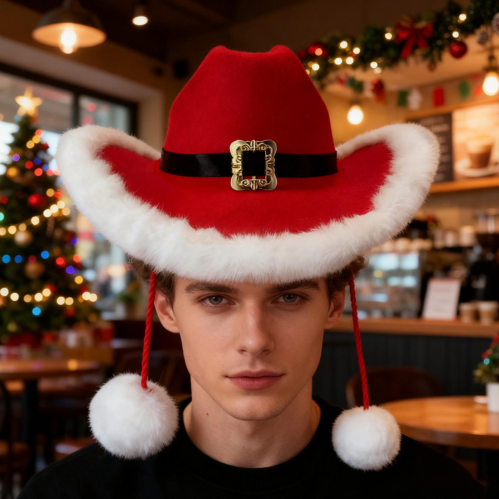 

Santa Hat White Pom-Poms Headwear White Plush Trim Cowboy Hat For Men Girl Adult Christmas Outfit Photo Props Stage Performance China Mainland