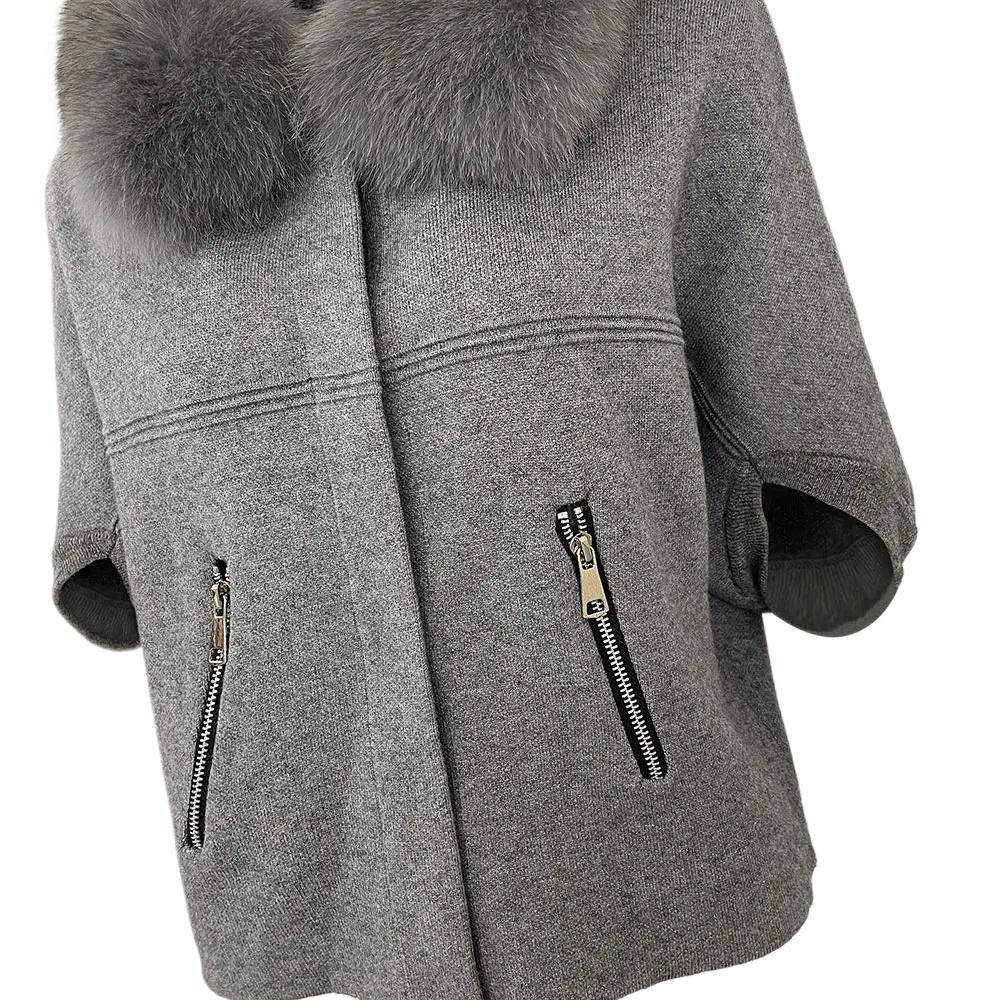 OFTBUY 2024 Herbst Winter Echt Fuchs Waschbär Pelz Kragen Mantel Gestrickte Pullover Frauen Kurzarm Jacke Dicke Warme