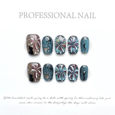 100% HANDMADE Trapezoid Coffin Shape Artificial Nail Art Autumn and Winter Fingertip Fireworks Cat Eyes Hand-painted Smudged Cat Paws Nails Reusable