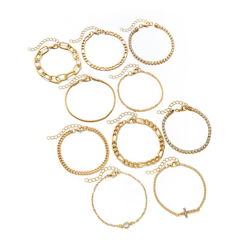 10 Pieces of Personalized and Versatile Geometric Thick Chain Cross Bracelet, Multi-layer Stacked Zircon Bracelet Set