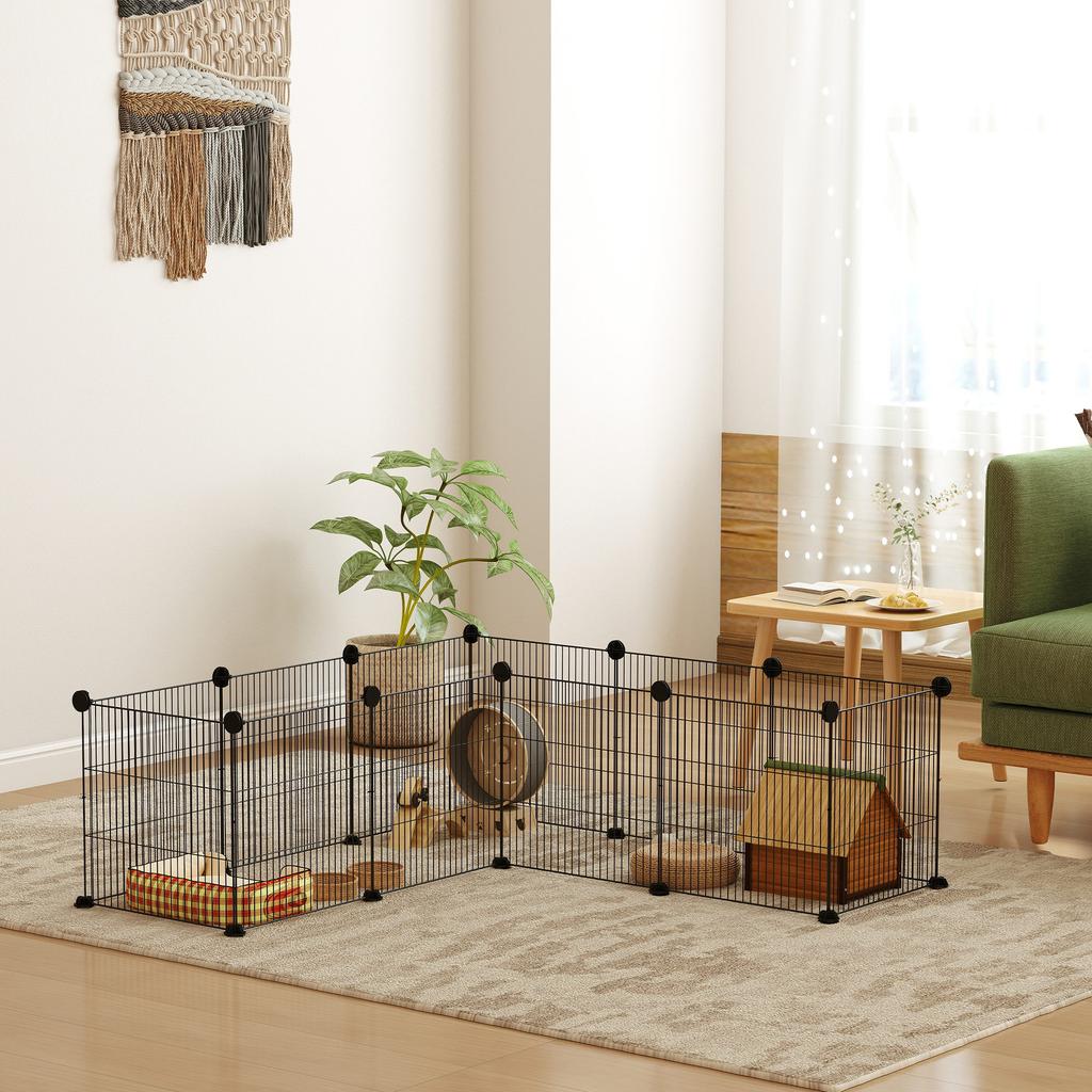 Modular Animal Enclosure with 12 35x35 Cm Panels and Rounded Edges, Made of Metal and ABS, 140x70x35 Cm, Black