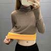 Women's Striped Fleece-Lined High Neck Base Layer Shirt - Long Sleeve Turtleneck Top for Fall/Winter