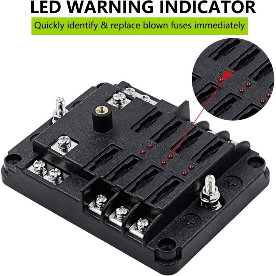 6 Way Fuse Block - 6 Circuit Fuse Box with Ground, with Negative Bus & Protectio