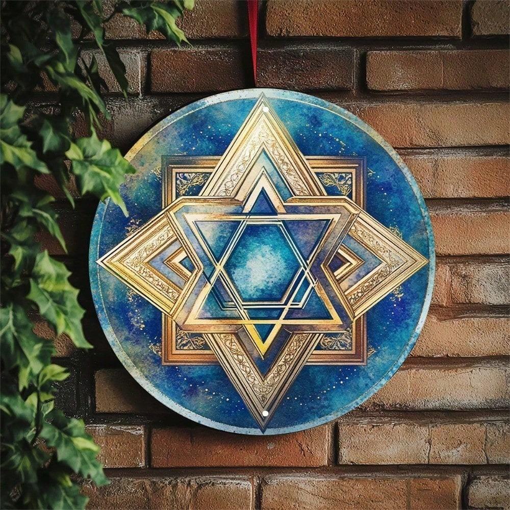 1pc Star of David Round Aluminum Tin Sign 8 Inch Wall Art Vintage Garden Yard Decor with Pre-Drilled Holes