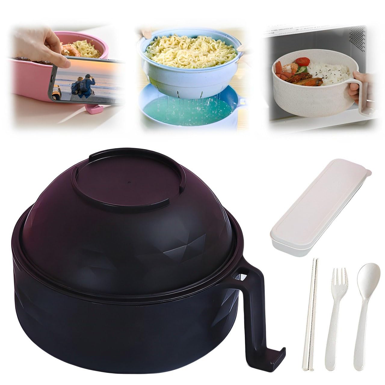 Microwave Ramen Bowl with Lid,Ramen Noodles Bowl,Ramen Microwave Bowl,Ramen Bowl Set with Chopsticks,Spoon,Fork,Portable Ramen Cooker for Dorm чёрный
