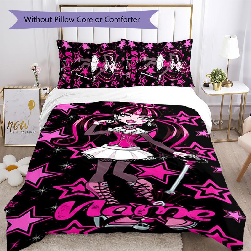 3pcs Custom Name Cartoon Monster High Bedding Set Duvet Cover Closure Includes 1 Duvet Cover & 2 Pillowcases for All Seasons Bedroom Decor
