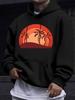 American/European Style Unisex Autumn/Winter Printed Hooded Long-Sleeve Sweatshirt, Red-Toned Sunset Coconut Tree Minimalist Hooded Print Sweatshirt, 