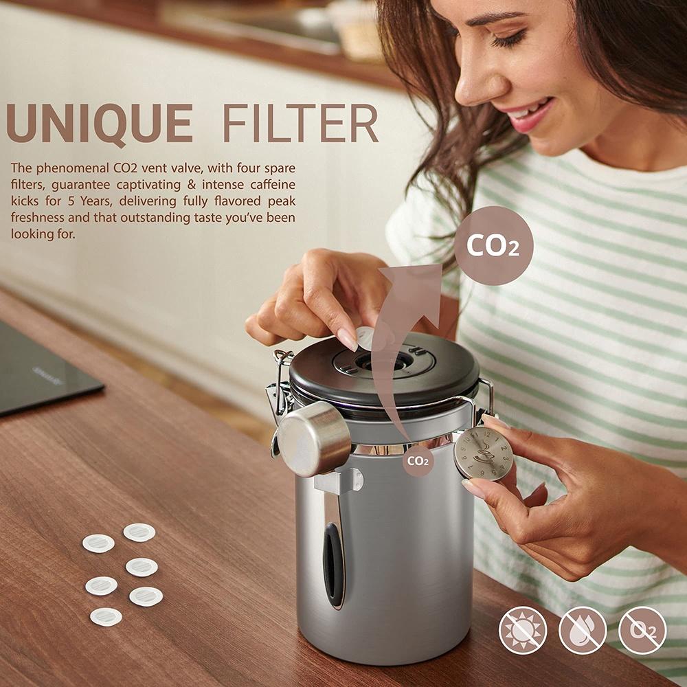 Stainless Steel Airtight Coffee Container Canister Coffee Grounds and Beans Container with Date Tracker, Scoop, CO2 Valve Filters,  Silver