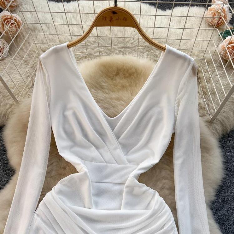 Women Casual Sleeve Long Neck V Solid Color Dress Waist High A Line Sheath Spring Elastic Mini