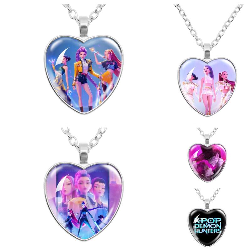Kpop Demon Hunters Necklace Cartoon Heart Shape Pendant Anime Charms Neck Chains Electroplate Accessories Fashion Jewelry Gift
