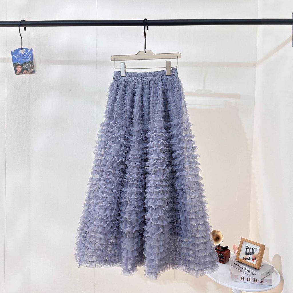 Sweet Apricot Embroidered Mesh Ruffle Midi Skirt - Fluffy, Layered and Versatile for Autumn/Winter