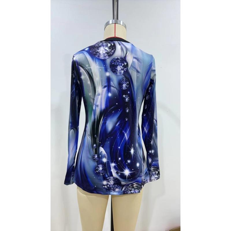 Elegant and Casual Spring and Autumn V-neck Zipper Floral Printed Long-sleeved Women's T-shirts