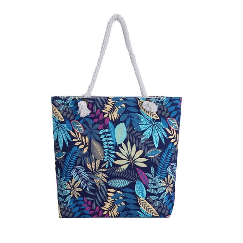 Summer Ladies Flower Printed Canvas Beach Handbag Portable for Female Single Shoulder Casual Tote Bags