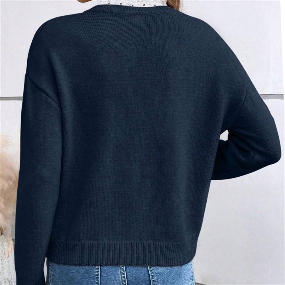 Women's Autumn & Winter Lace Trim V-Neck Sweater, Solid Color Loose Long Sleeve Knit Top S-XL